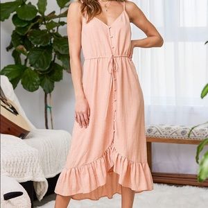 Lulu’s - Beautiful Views Peach Button-Front Ruffled High-Low Midi Dress - M